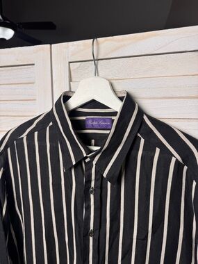 Ralph Lauren Black and White Vertical Stripe Casual Button-Down Shirt